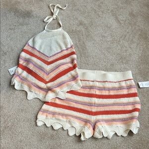 NWT PINK ROSE Cream Crochet Halter Top & Shorts Set coral & Pink Stripes Knit M